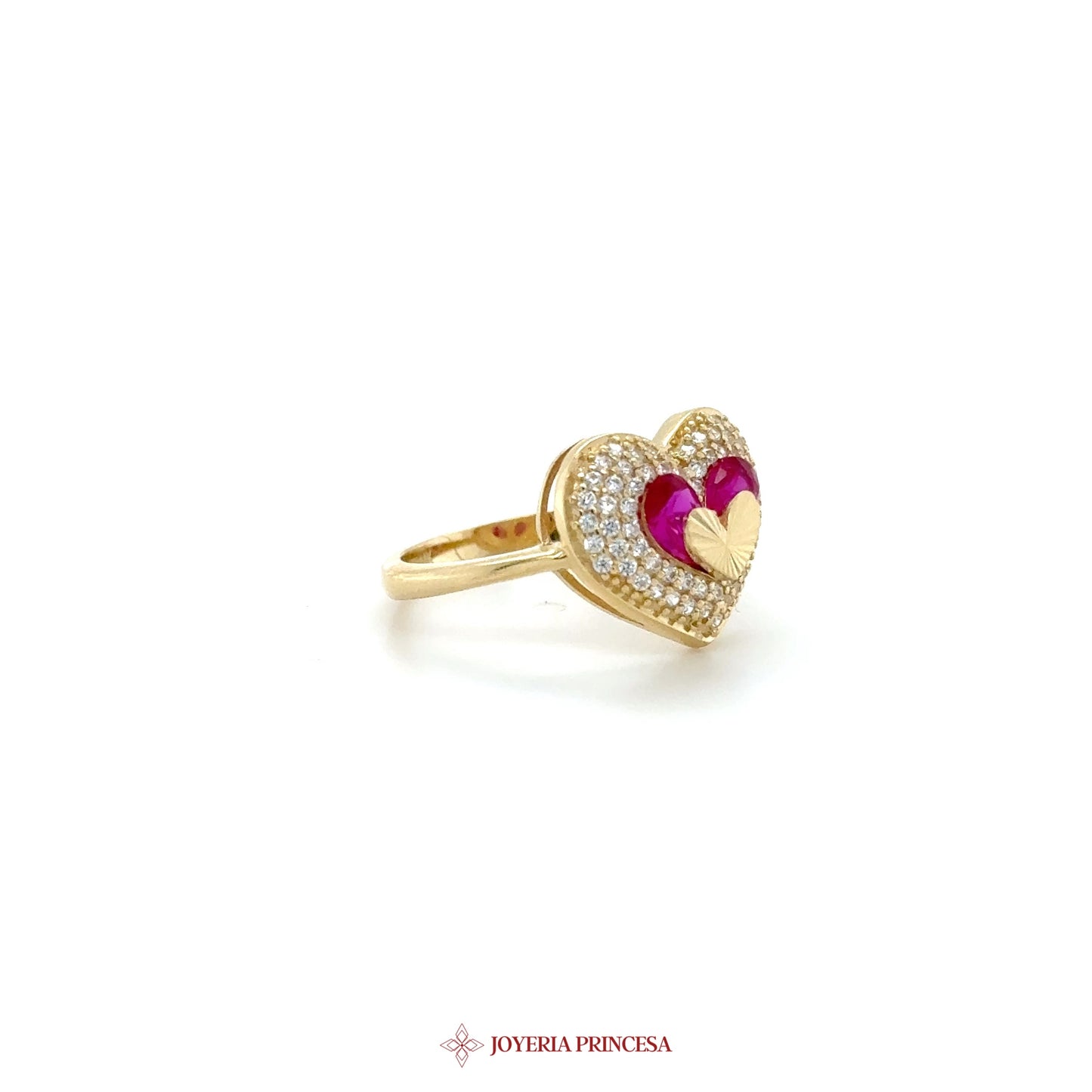 14K Gold Heart Ring with Pink Stones and Zirconias