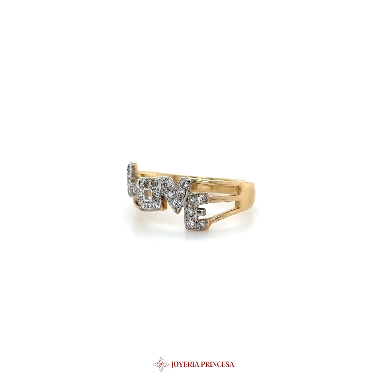 14K Gold 'LOVE' Ring with CZ Stones