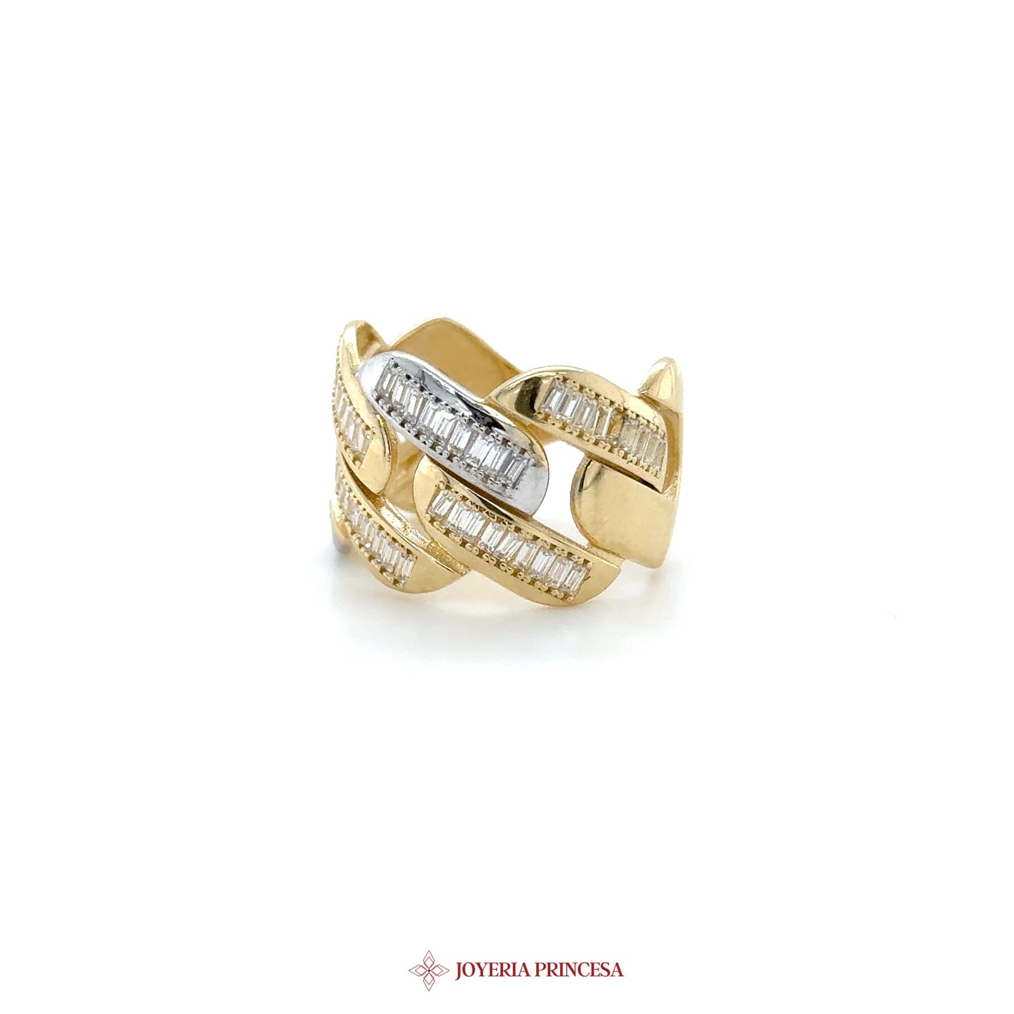 14K Gold Two-Tone Zigzag Band Ring with Zirconias