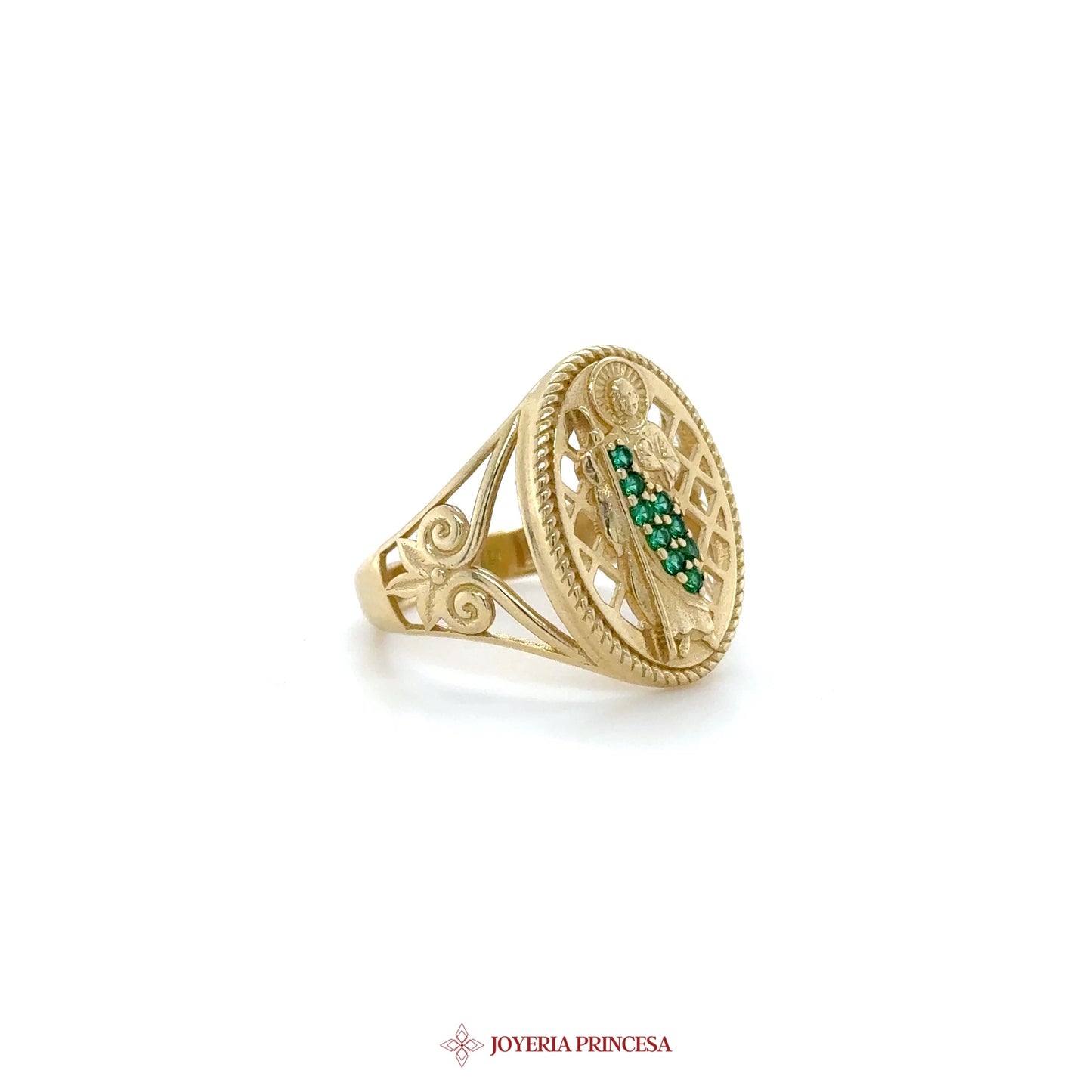 14K Gold San Judas Ring with Green Zirconia