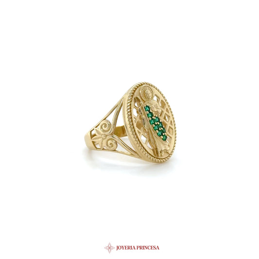 14K Gold San Judas Ring with Green Zirconia