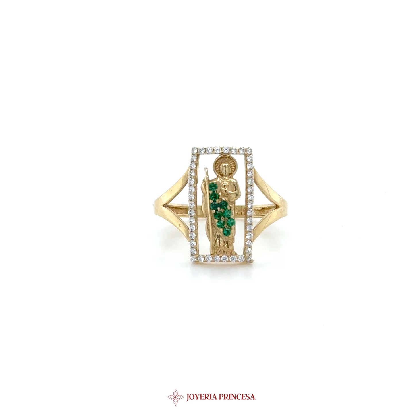14K Gold San Judas Ring with Saint Motif and Green Zirconias