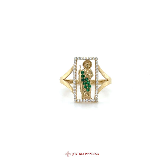 14K Gold San Judas Ring with Saint Motif and Green Zirconias