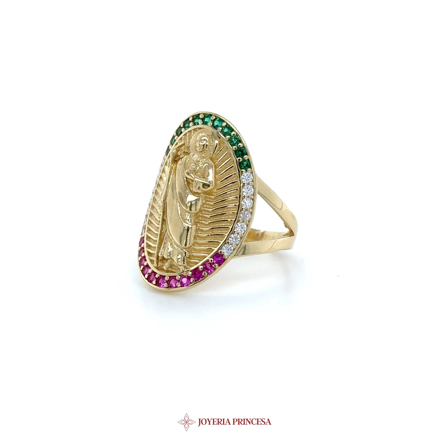 14K Gold San Judas Oval Ring with Colorful Zirconias