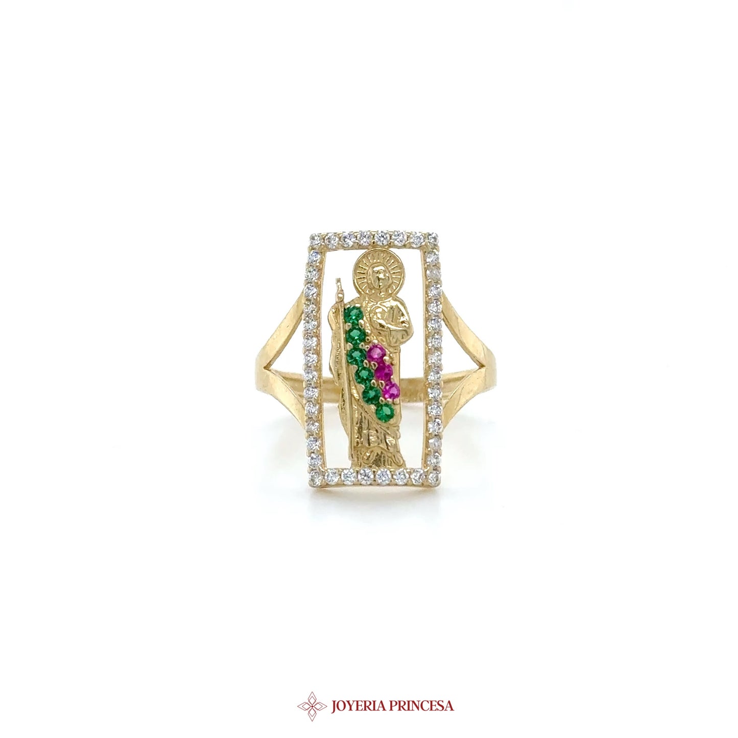 14K Gold San Judas Ring with Colorful Motif and Zirconias