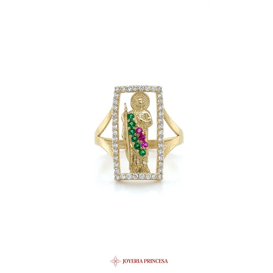 14K Gold San Judas Ring with Colorful Motif and Zirconias