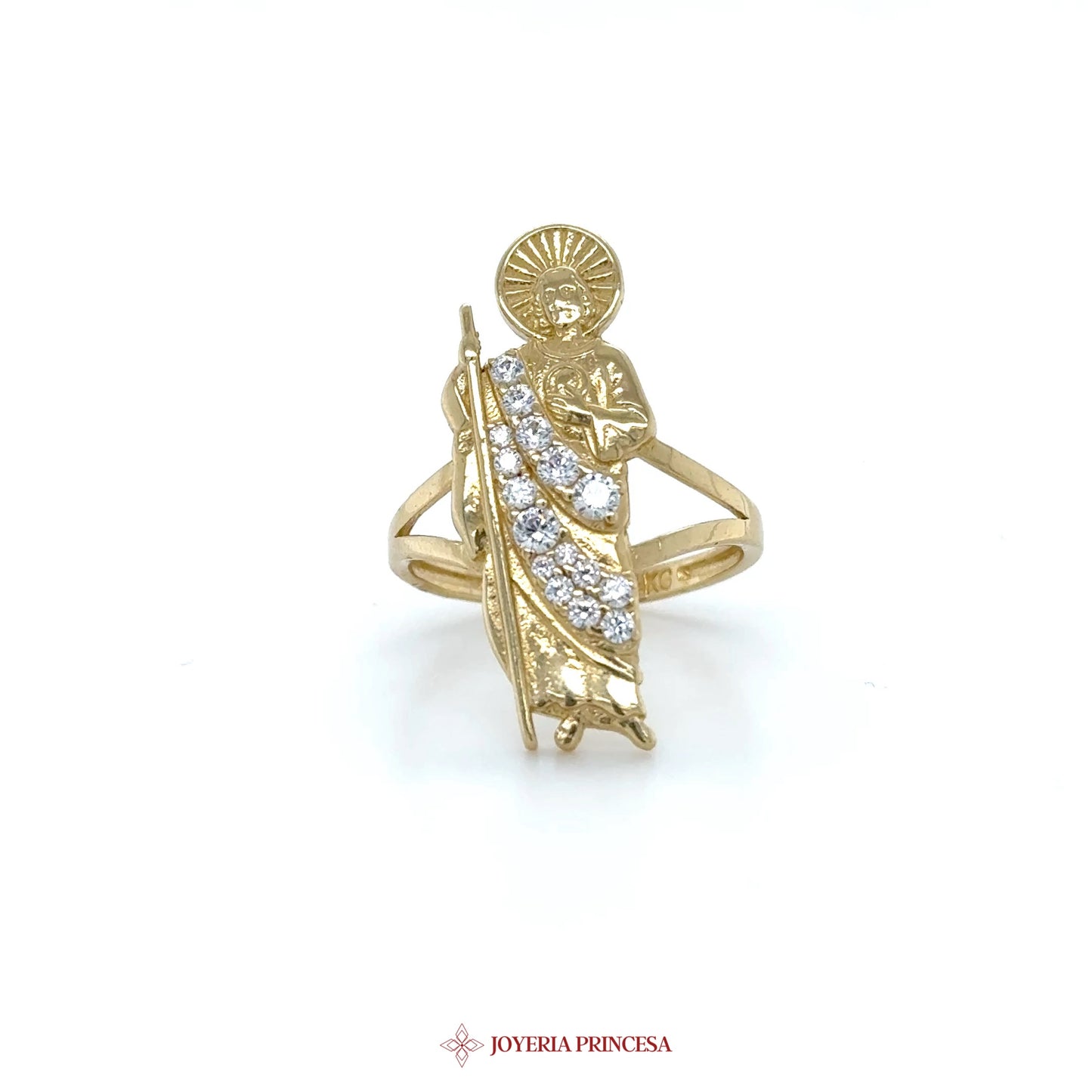 14K Gold Religious San Judas Ring with Zirconia Stones