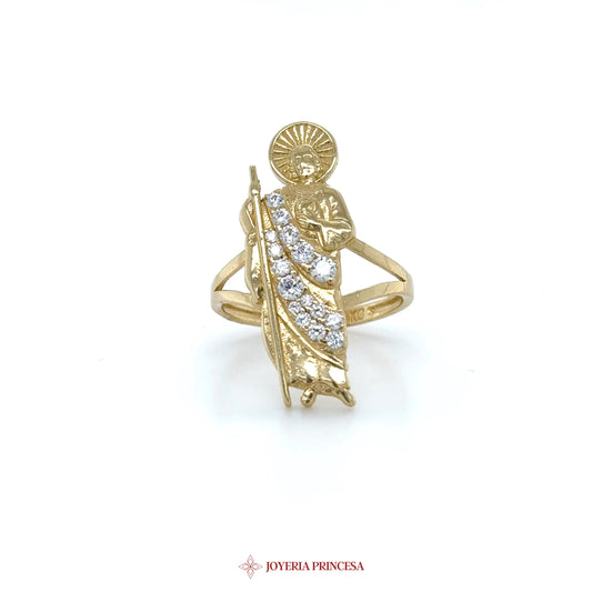 14K Gold Religious San Judas Ring with Zirconia Stones