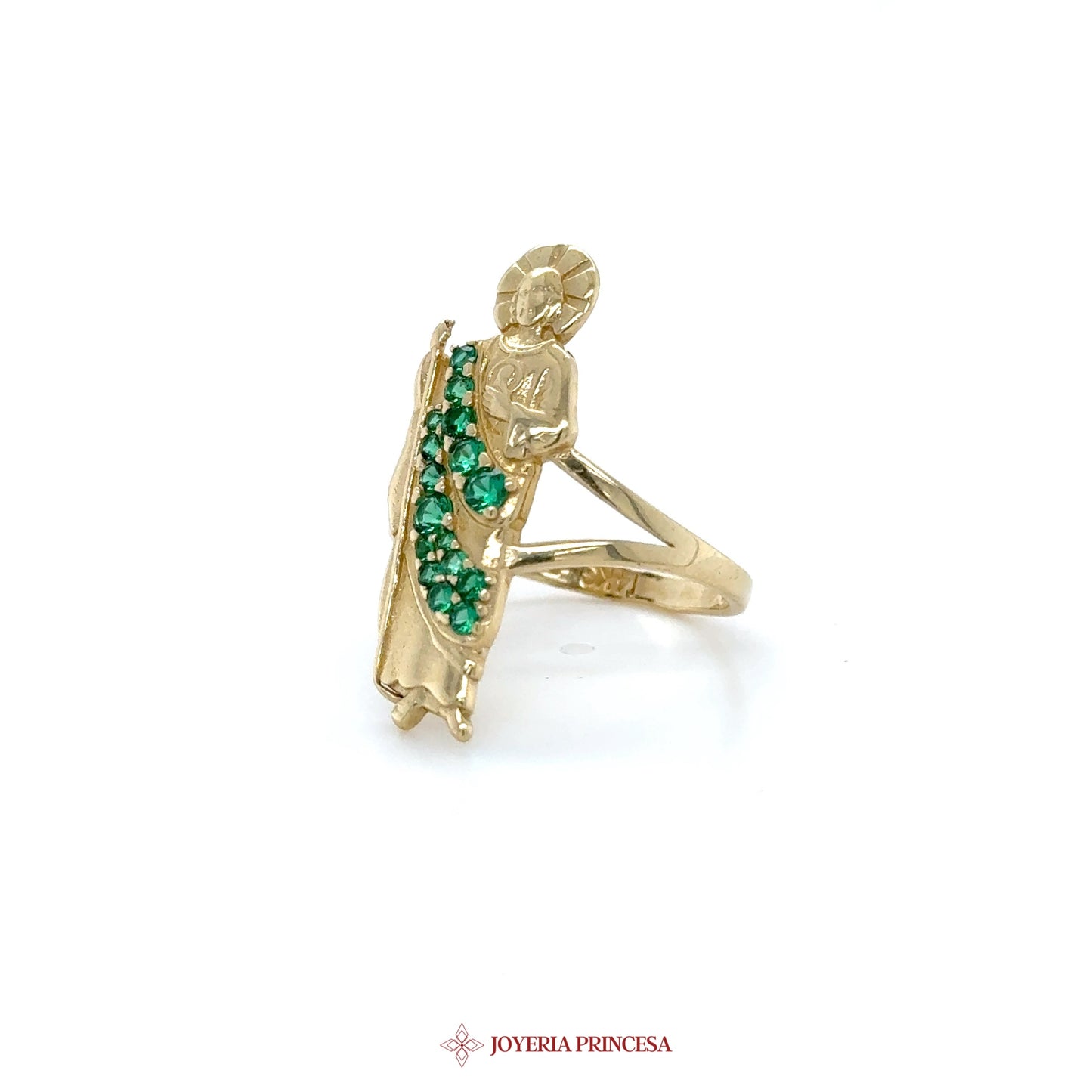 14K Gold Saint Figurine Ring with Green Zirconia Accents
