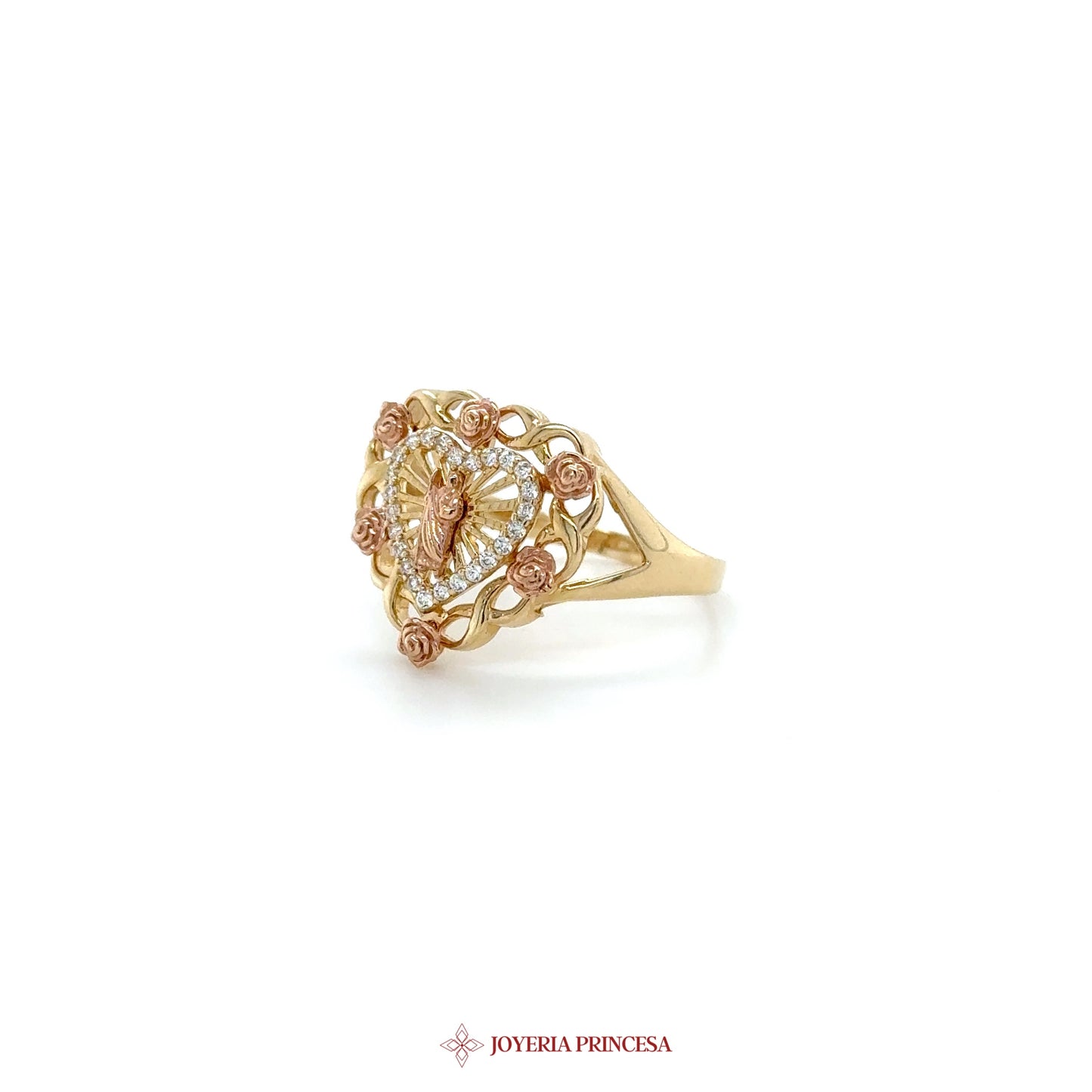 14K Heart-Shaped San Judas Ring with Zirconia Accents