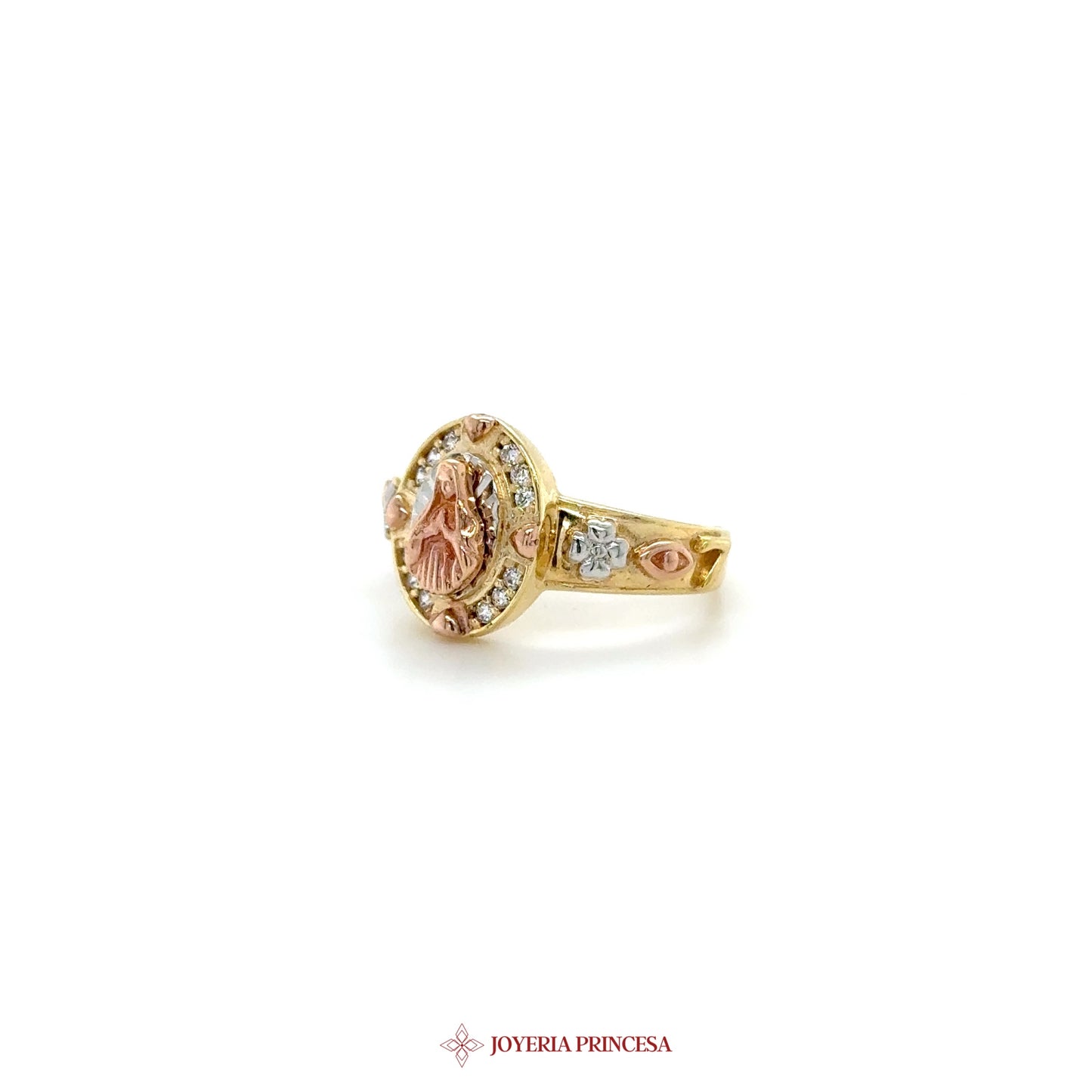 14K Mary the Virgin Rose Gold Ring with Pink Motif and Zirconias