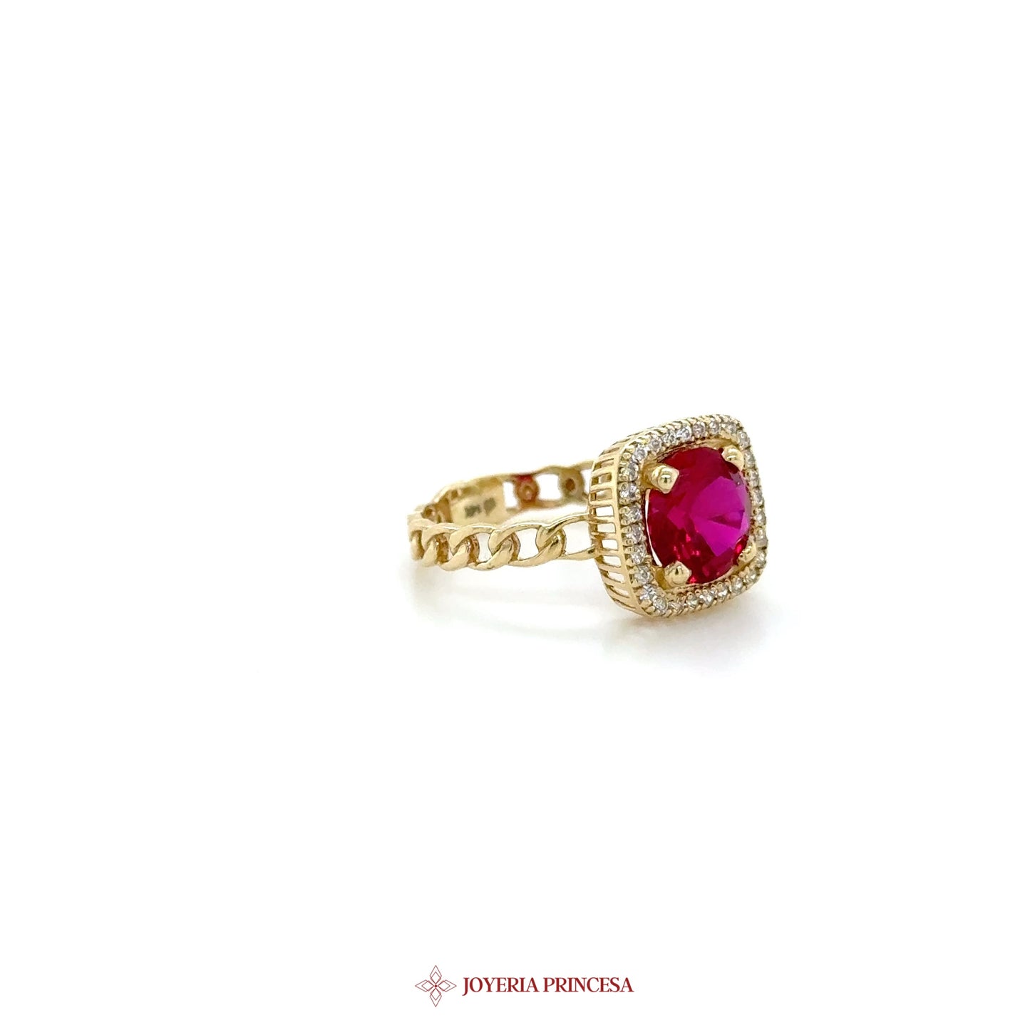 14K Gold Cushion Cut Ruby CZ Halo Ring