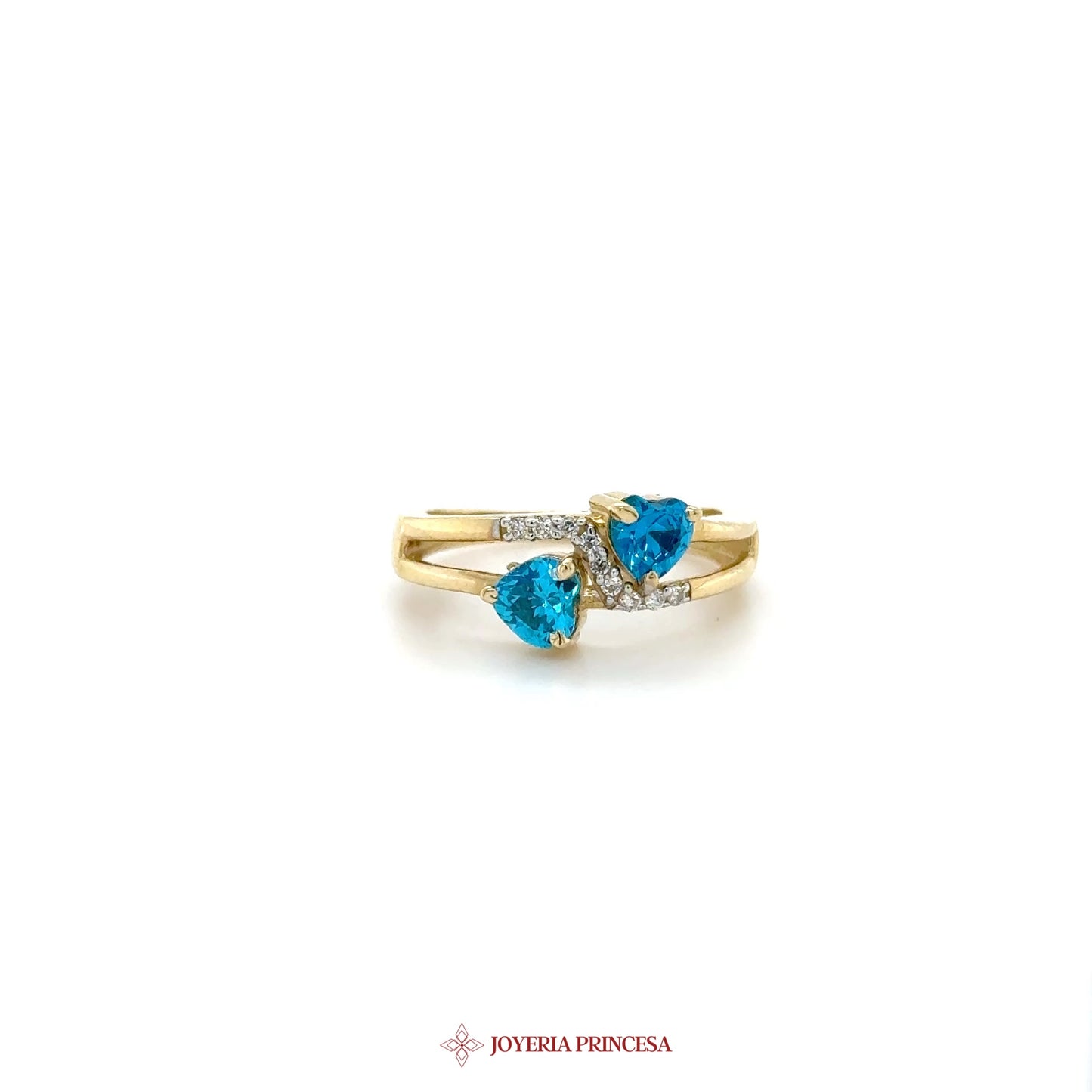 14K Yellow Gold Double Heart Blue Zirconia Ring