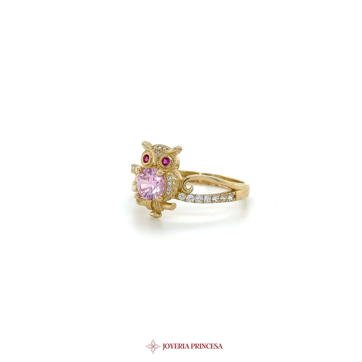 14K Gold Owl Ring with Pink Zirconia and Ruby Accents