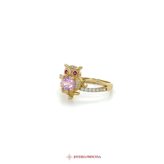 14K Gold Owl Ring with Pink Zirconia and Ruby Accents