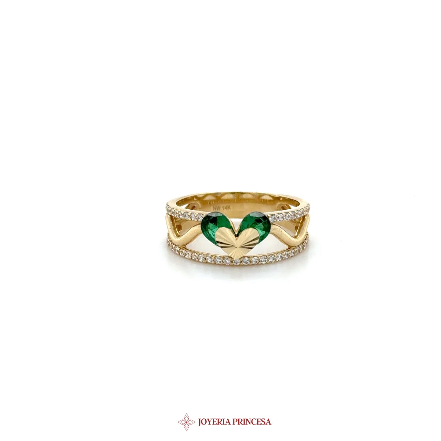 14K Gold Heart Motif Ring with Green Zirconia