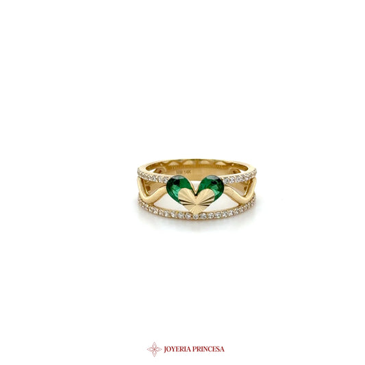 14K Gold Heart Motif Ring with Green Zirconia