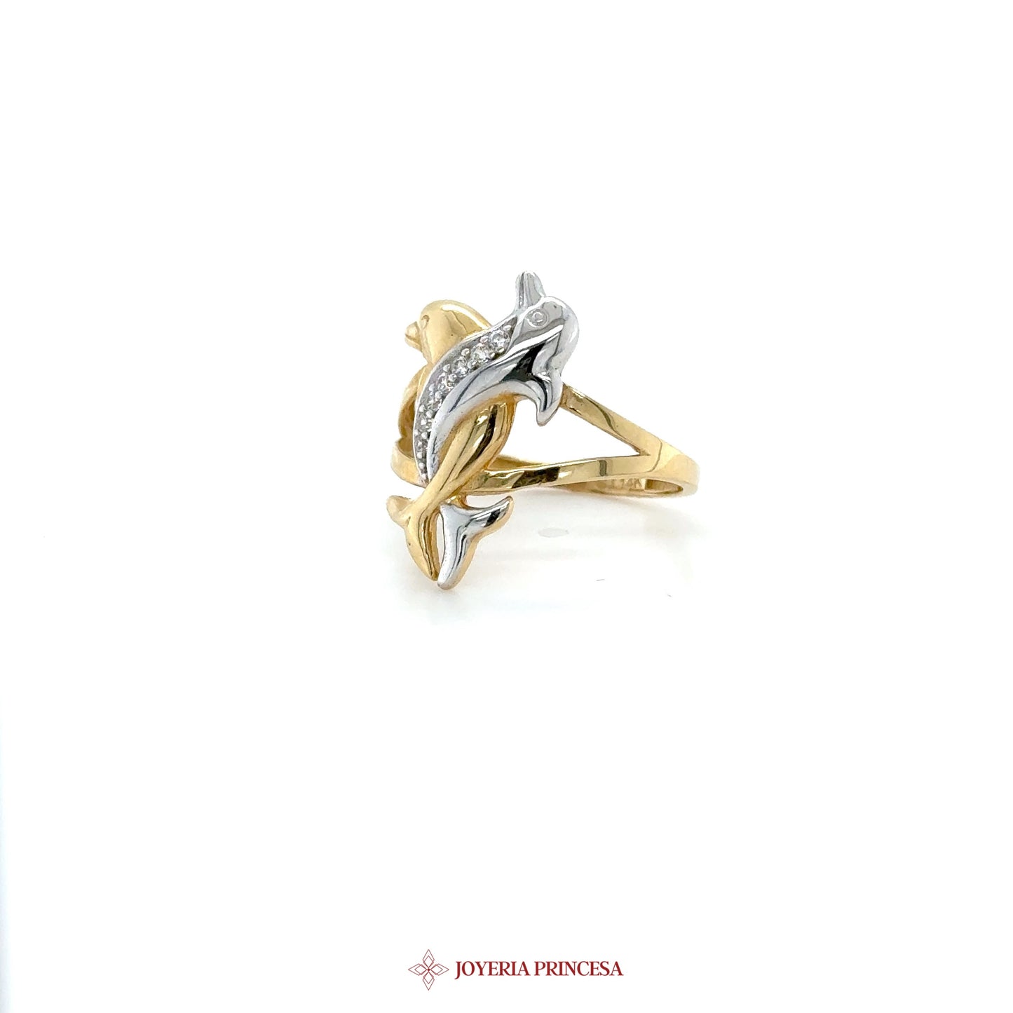 14K Dolphin Motif Ring with Zirconia Accents
