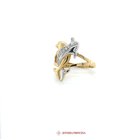 14K Dolphin Motif Ring with Zirconia Accents