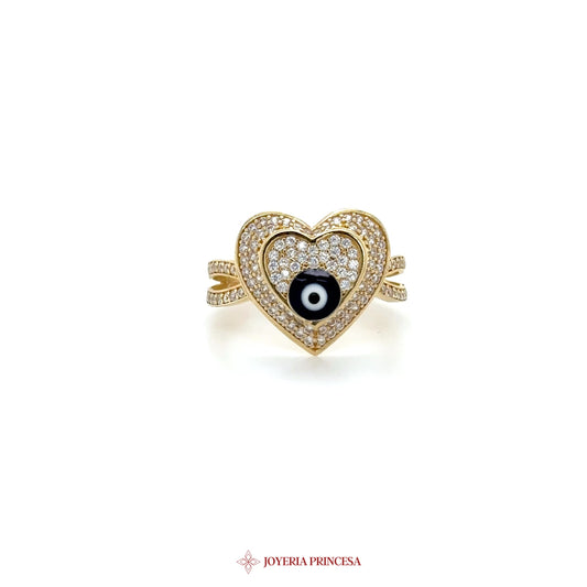 14K Gold Heart Ring with Black Eye and Zirconias