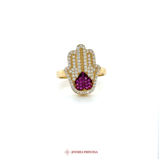 14K Gold Hamsa Hand Ring with Pink Accents