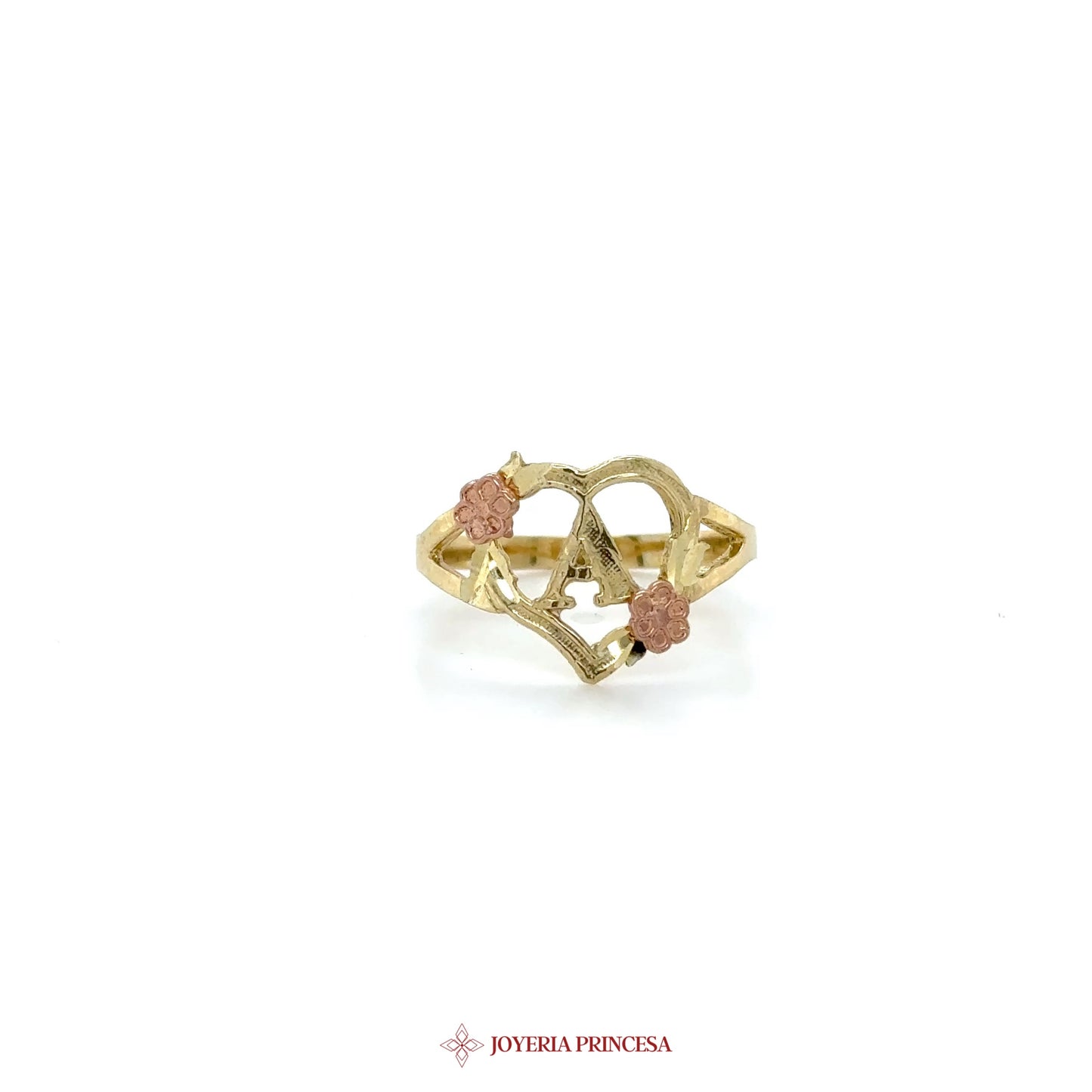 10K Gold Heart-Shaped Initial Ring with Pink Accents