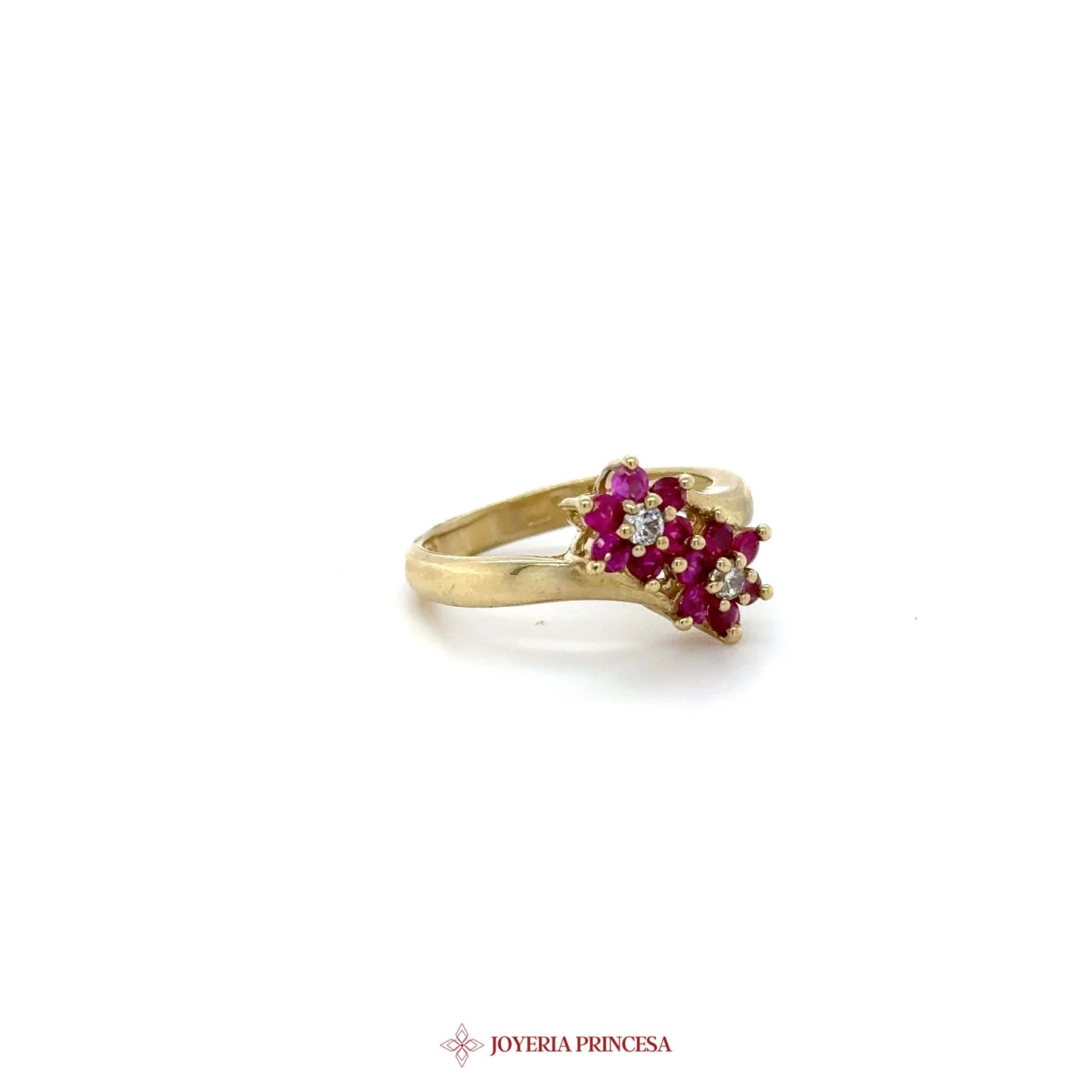 10K Gold Floral Design Ring with Ruby & Zirconia Stones