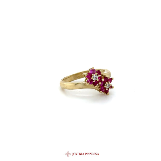 10K Gold Floral Design Ring with Ruby & Zirconia Stones