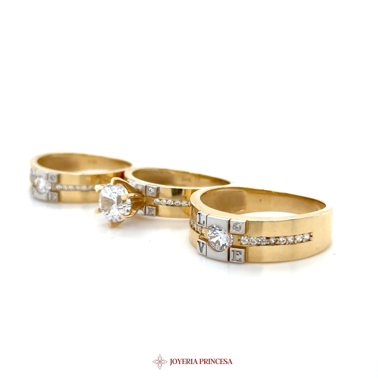 14K Gold Wedding + Engagement Ring Set with Zirconias
