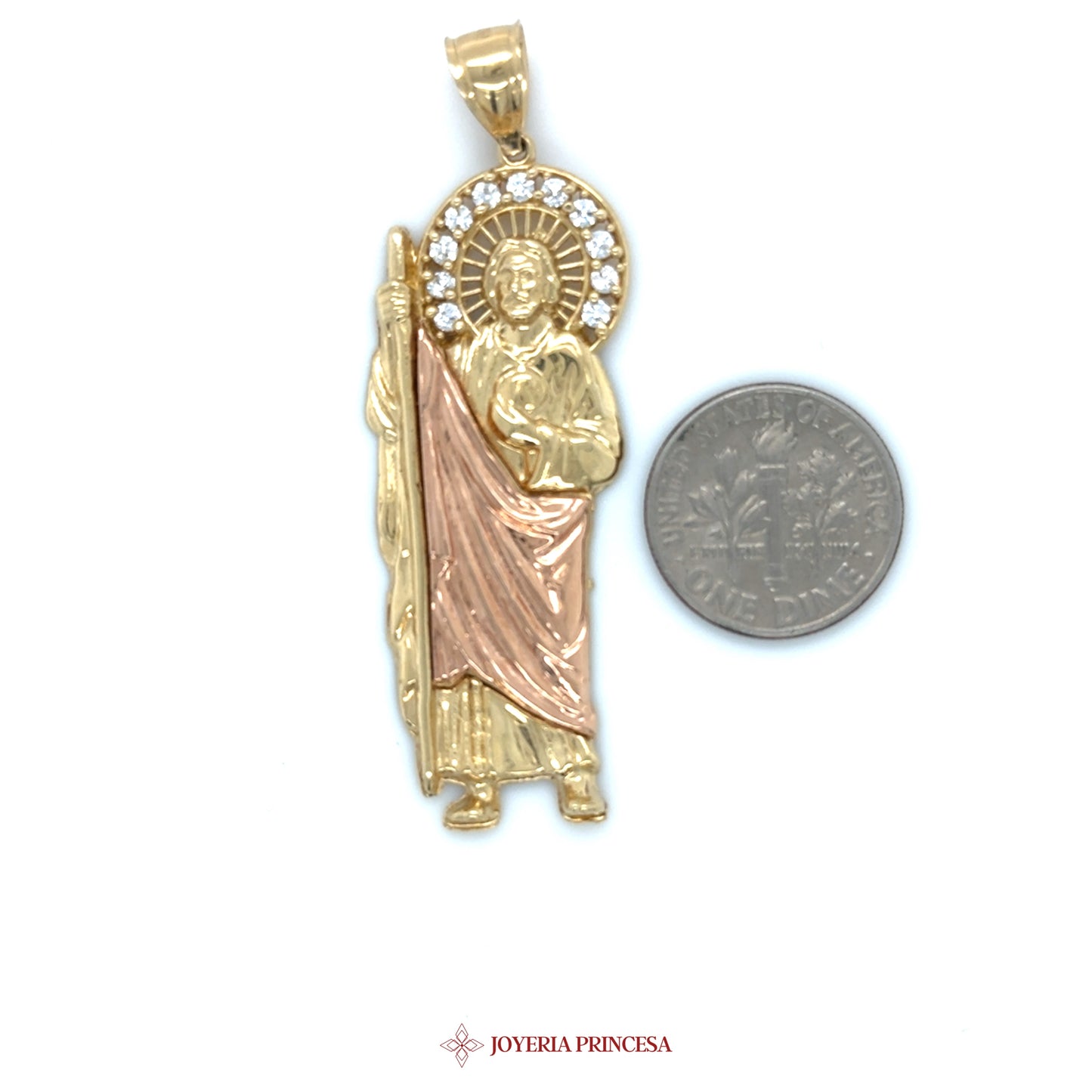 14K Gold San Judas Pendant with CZ Stones