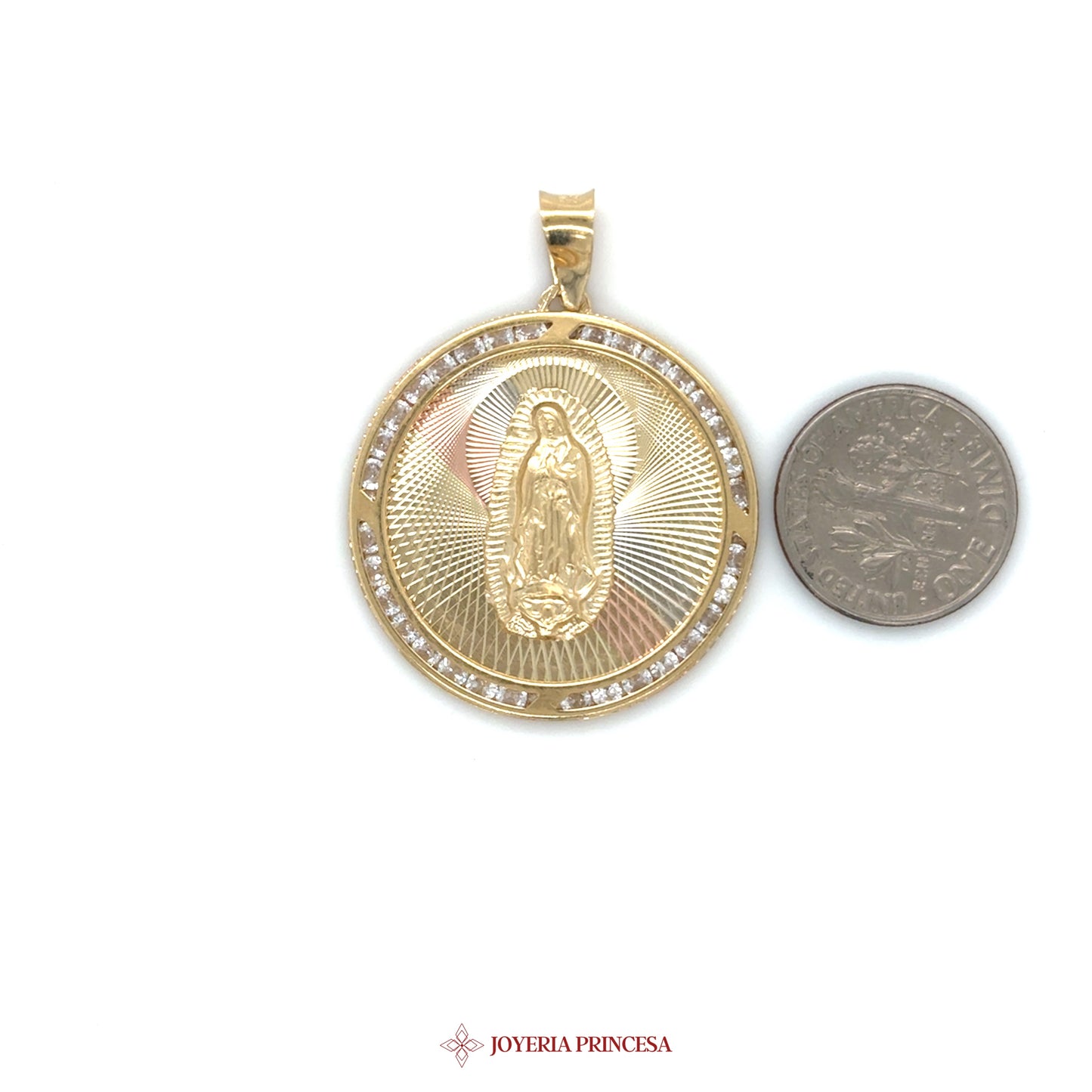 14K Gold Virgin Mary Medallion Pendant with CZ Stones