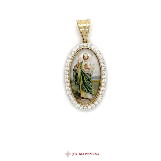 14K San Judas Oval Pendant with Religious Motif and CZ Stones