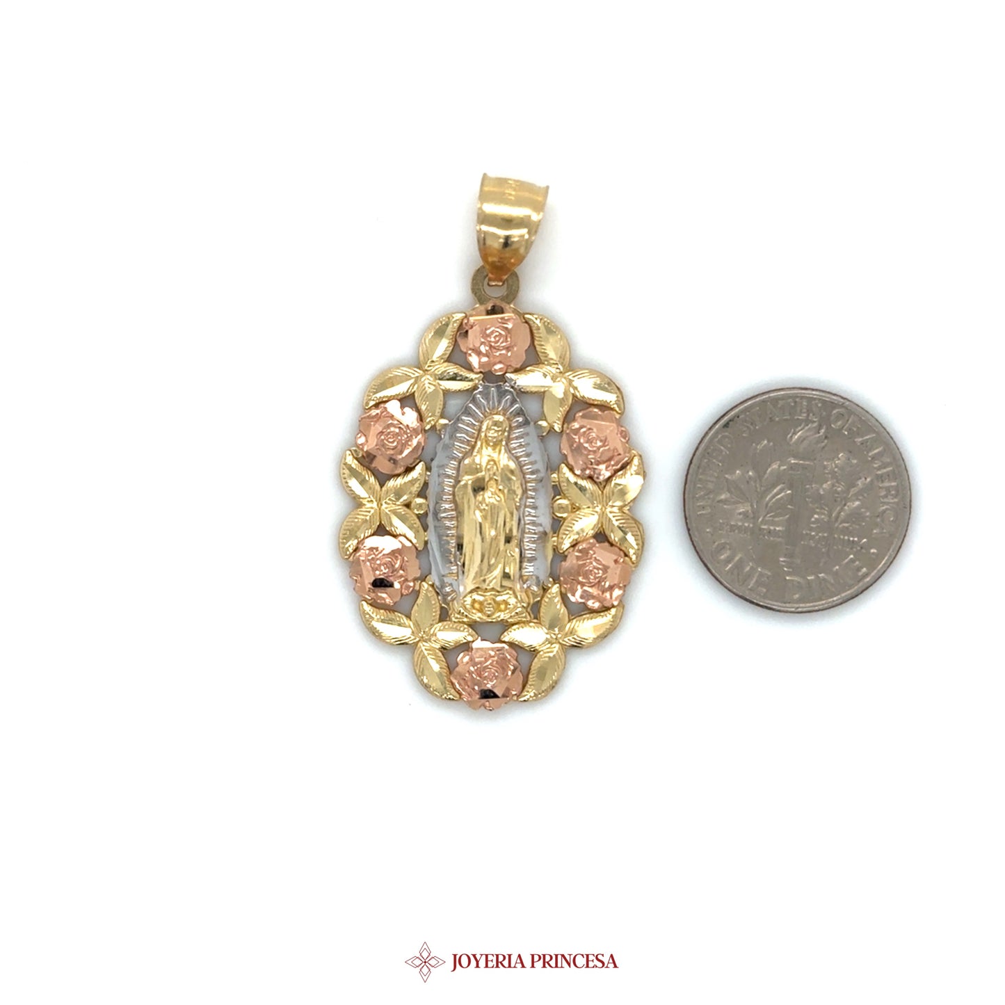 14K Gold Virgin Mary Pendant with Rose Gold Flowers