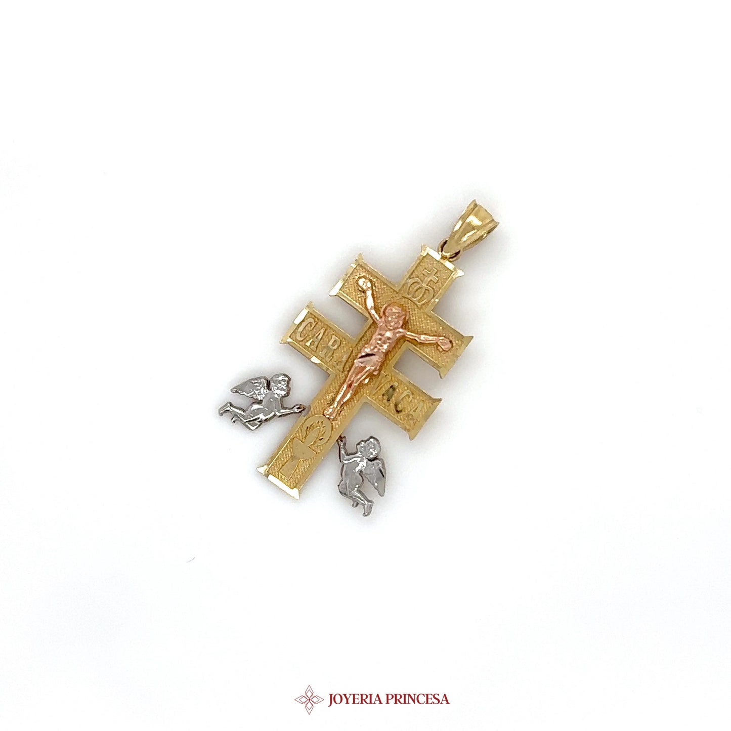 14K Two-Tone Cross Pendant with Angels