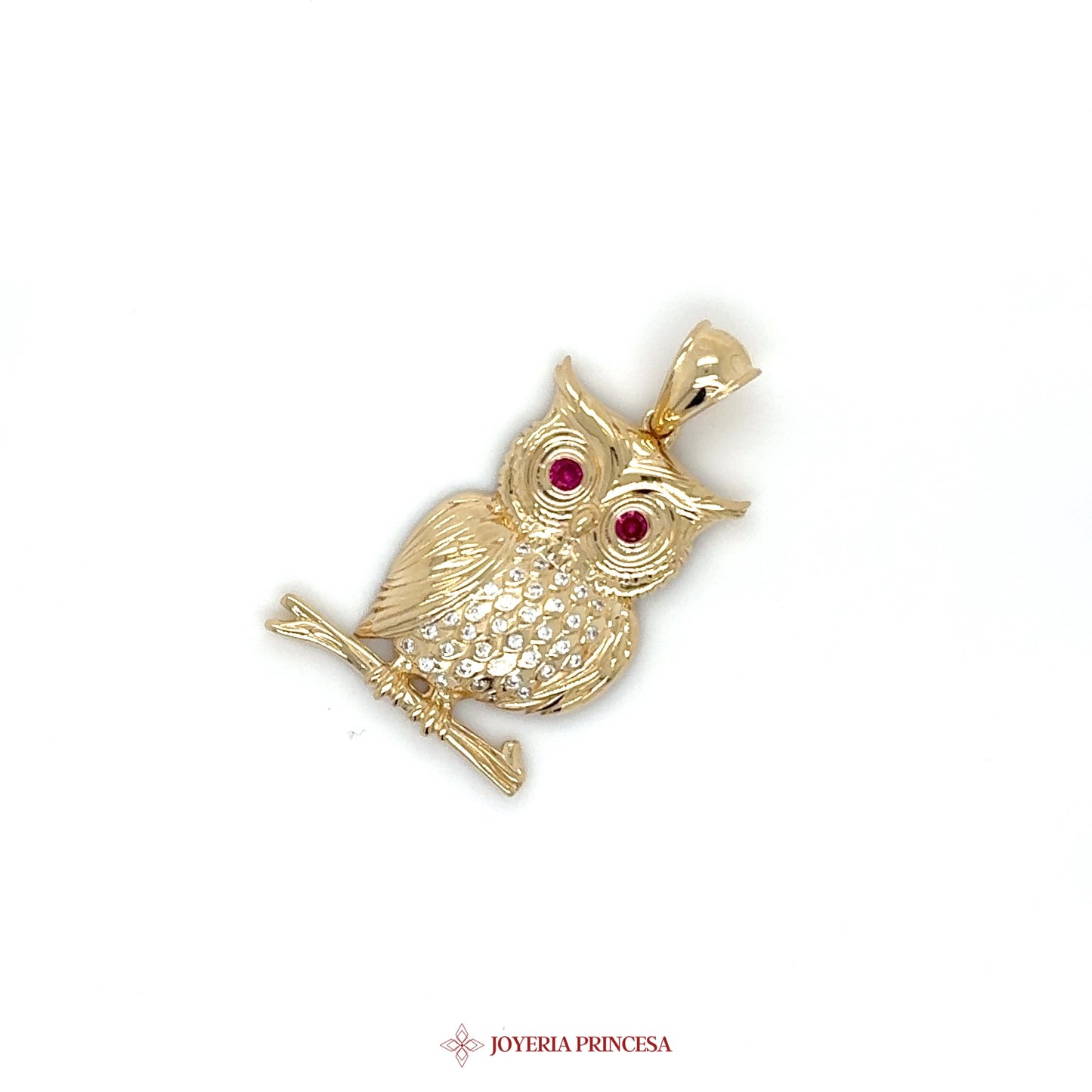 14K Gold Owl Pendant with Ruby Eyes and CZ Accents