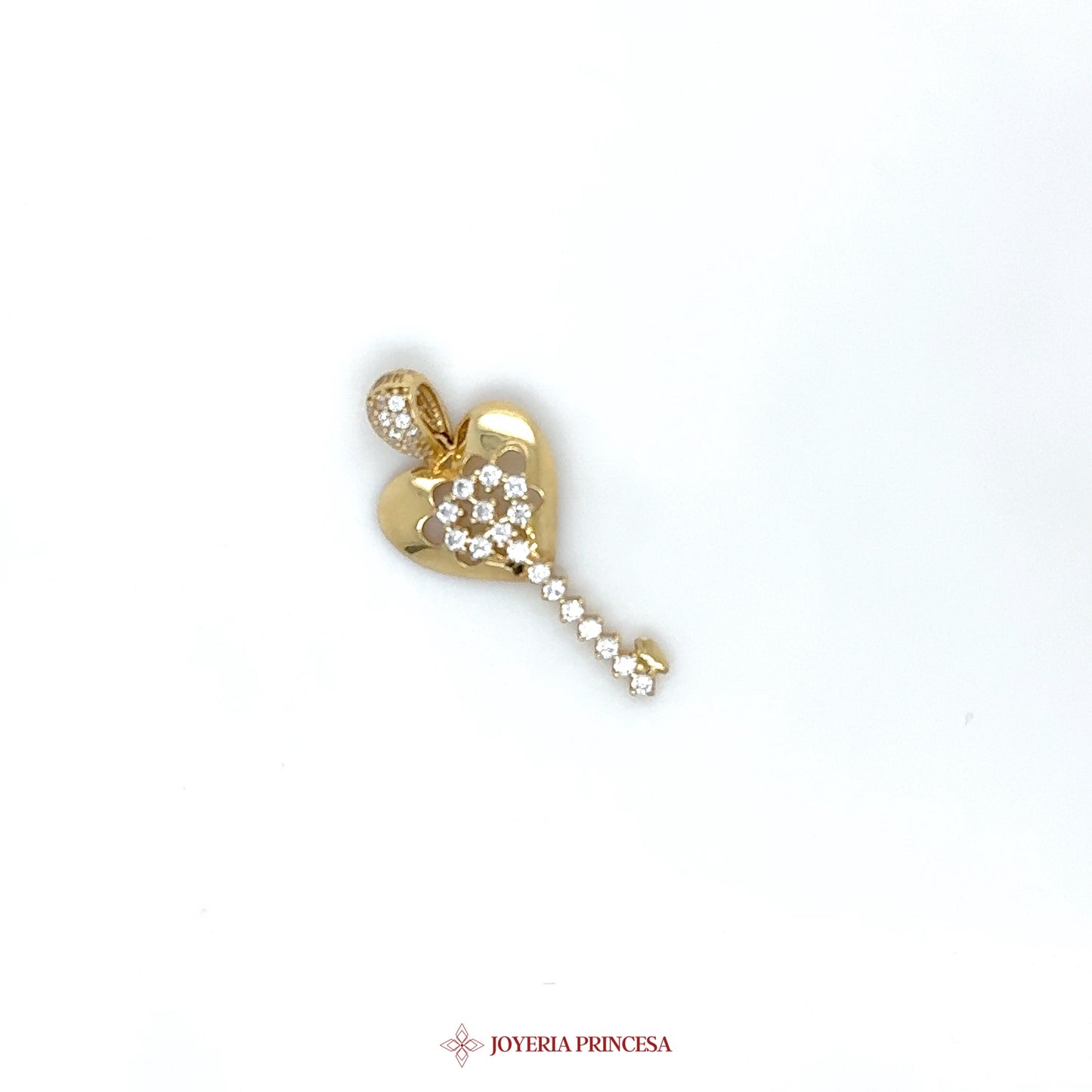14K Gold Heart Key Pendant with CZ Stones