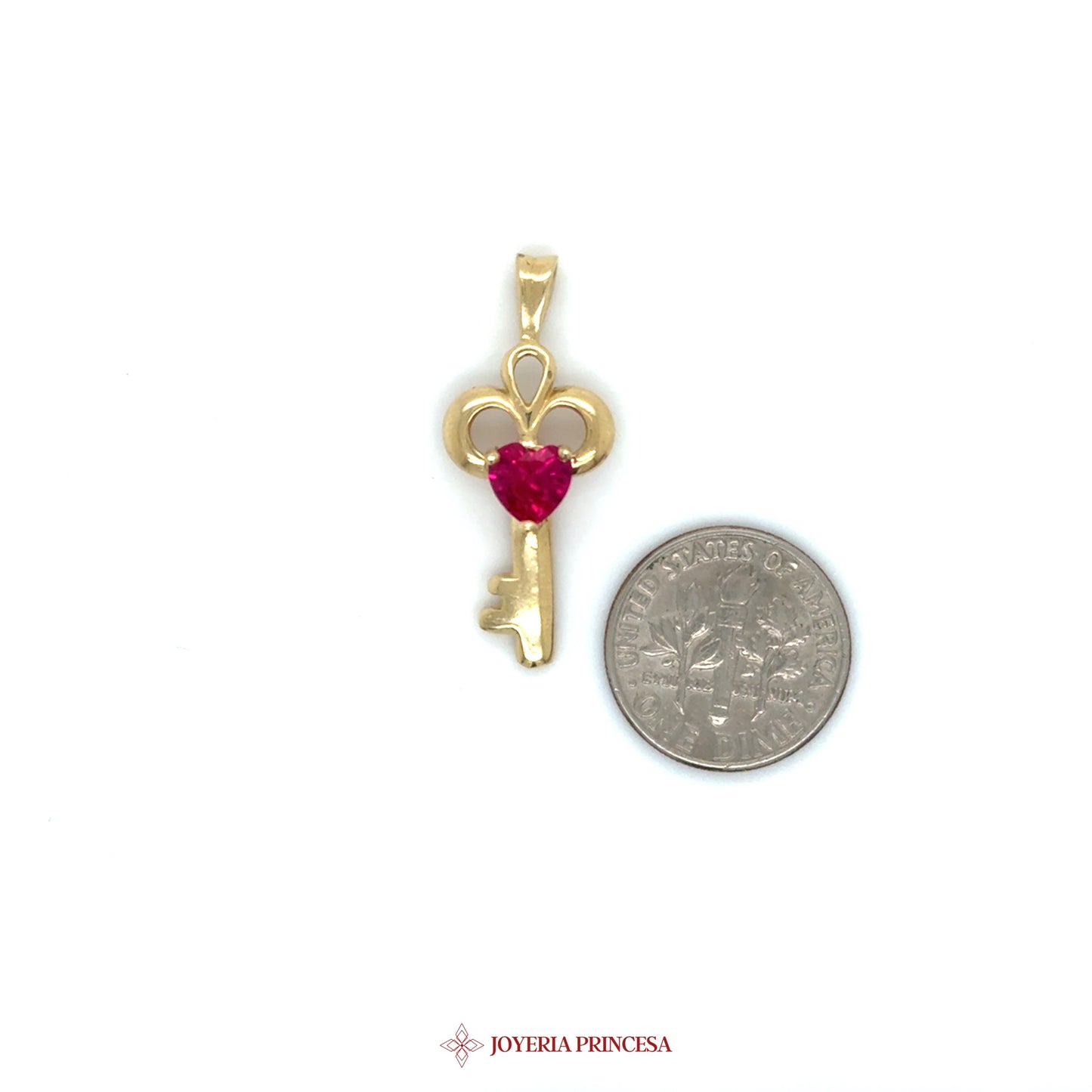 14K Gold Key Pendant with Heart-Shaped Ruby