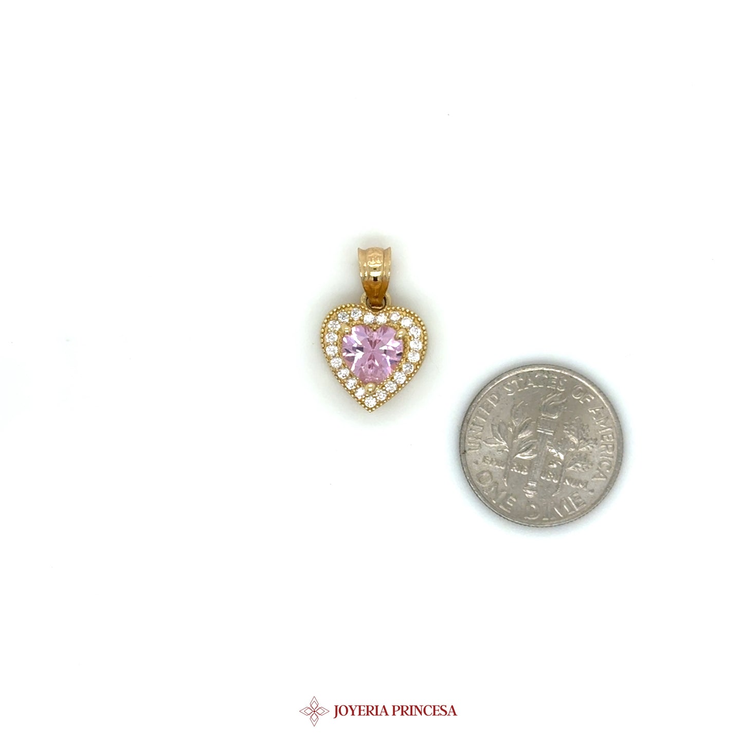 14K Heart Pendant with Pink Stone and CZ Accents