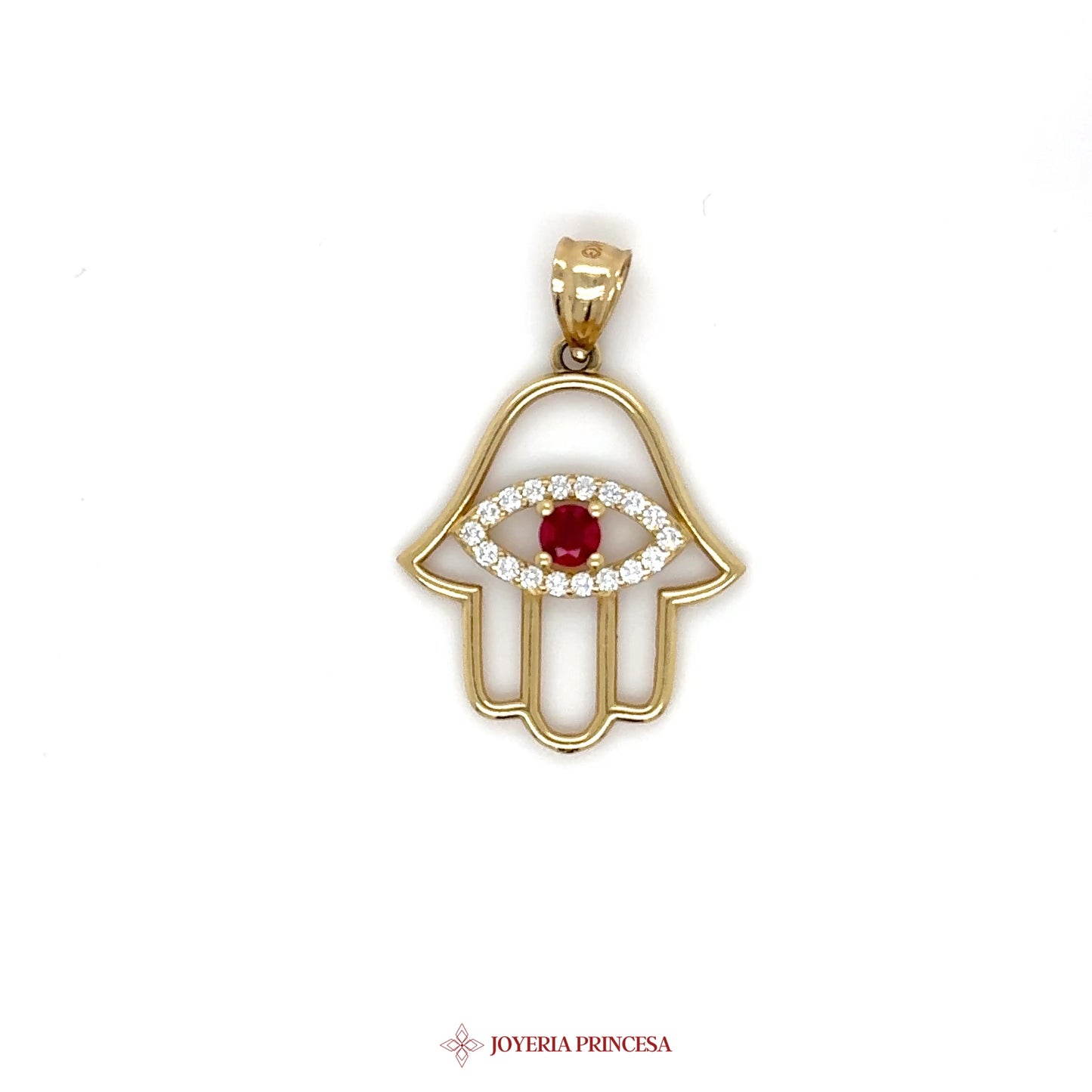 14K Gold Hamsa Hand Pendant with Red Stone and CZ