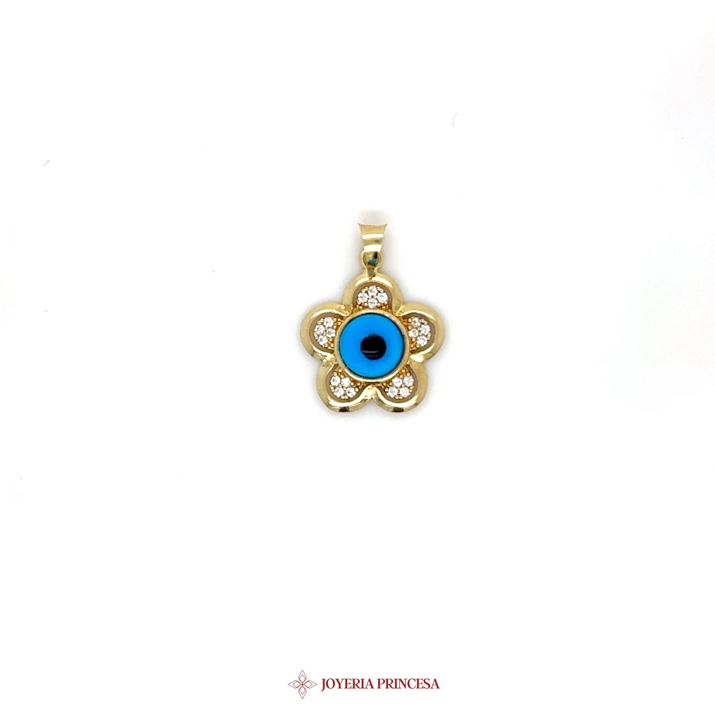 14K Gold Flower Pendant with Blue Center and CZ Accents
