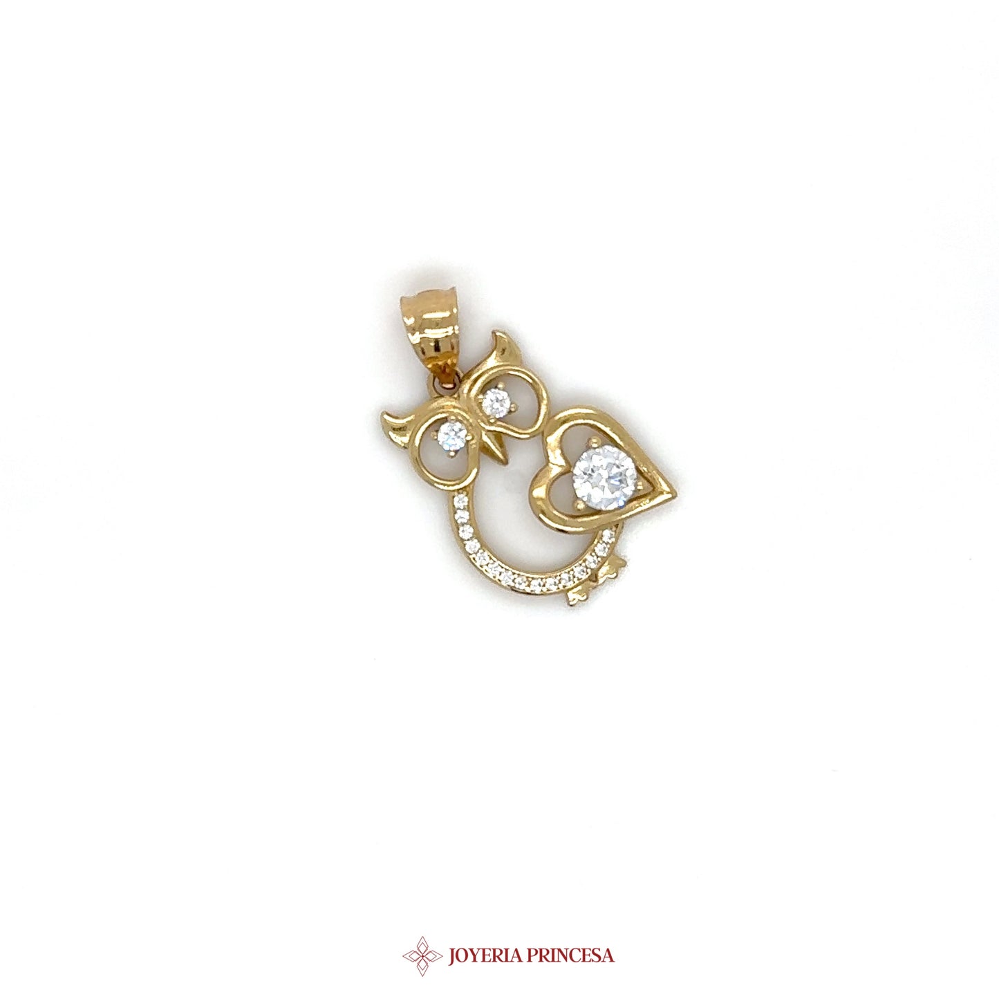 10K Gold Owl Pendant with Heart and CZ Stones