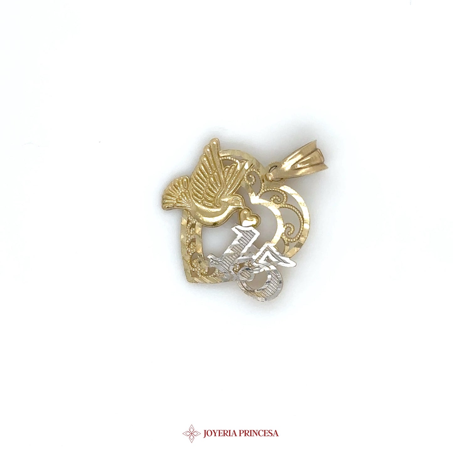 10K Two-Tone Gold Heart and Dove Pendant