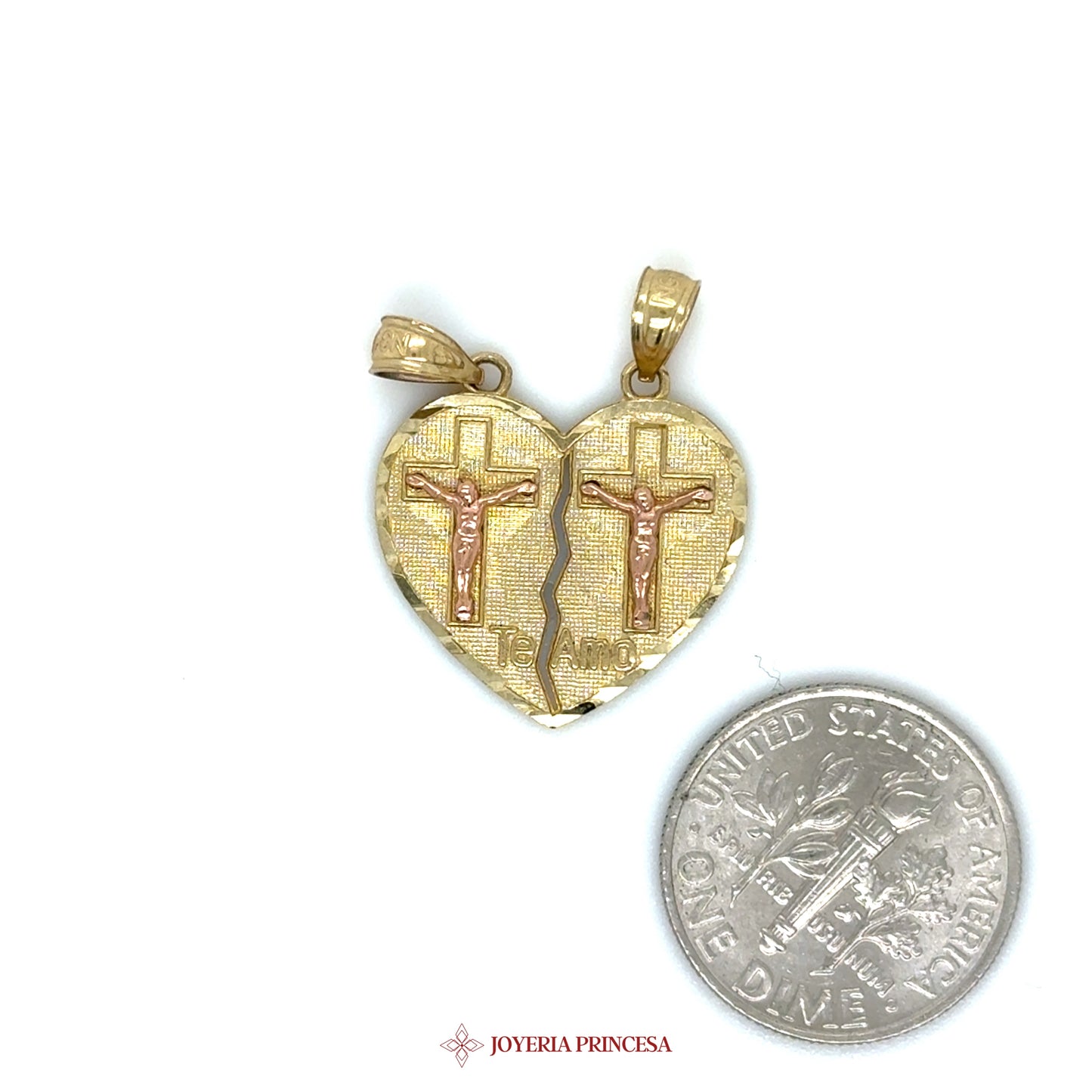 10K Heart Pendant with Dual Cross Motif in Two-Tone Gold