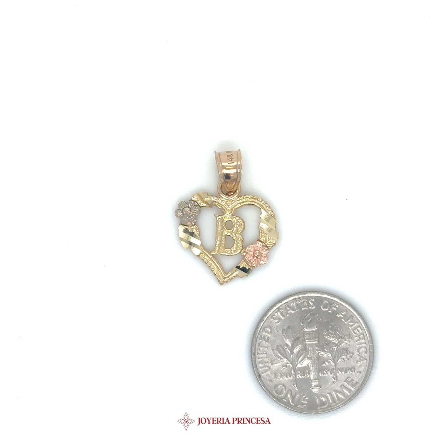 14K Heart Pendant with Initial and Floral Accents