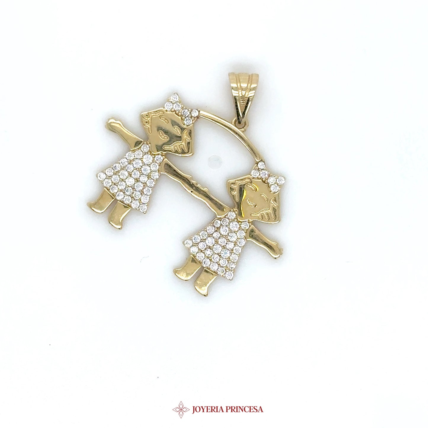 14K Gold Twin Girls Pendant with CZ Stones