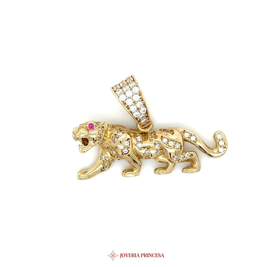 10K Gold Tiger Pendant with CZ Stones and Pink Eye