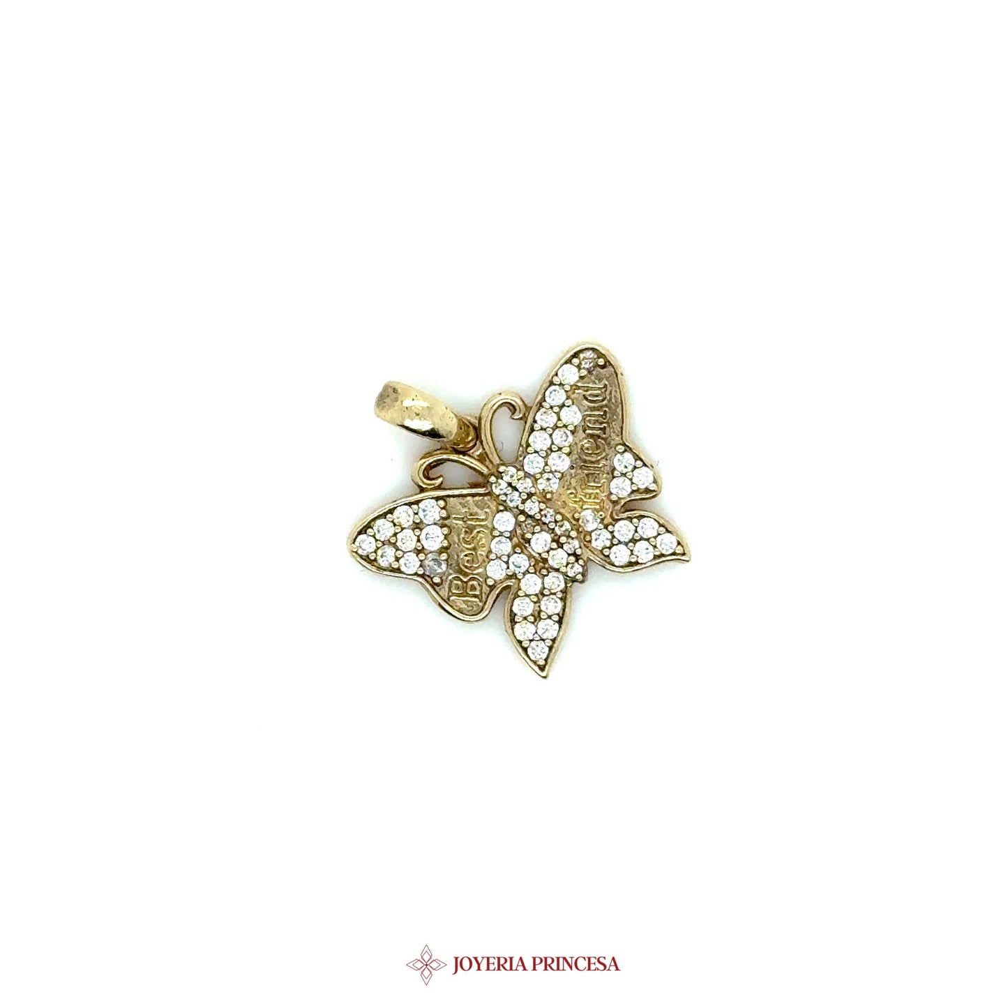 10K Butterfly Pendant with Best Friend Inscription and CZ Stones