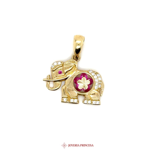 10K Gold Elephant Pendant with Ruby & CZ Accents