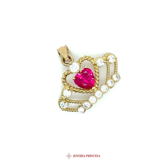 10K Heart Crown Pendant with Pink Stone & Clear CZ Accents