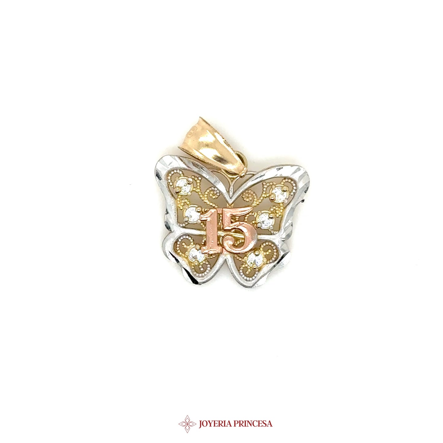 10K Butterfly Pendant with 15 Motif and Simulated Stones